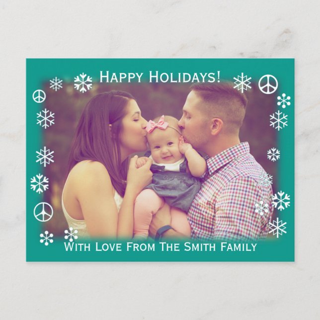 Julhälsningar Grönt med snö och fredstecken Helg Vykort (Framsida)