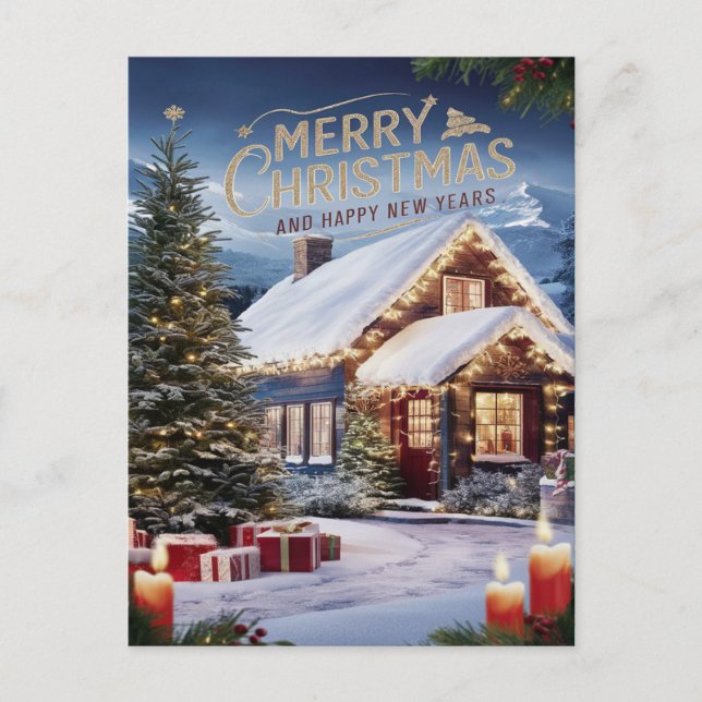 Julhälsningar i en snöig sagovärld vykort (Framsida)