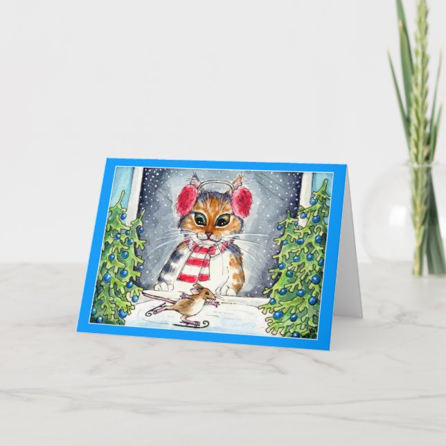 Julhälsningar kort för katt och skridmus (Framsida)