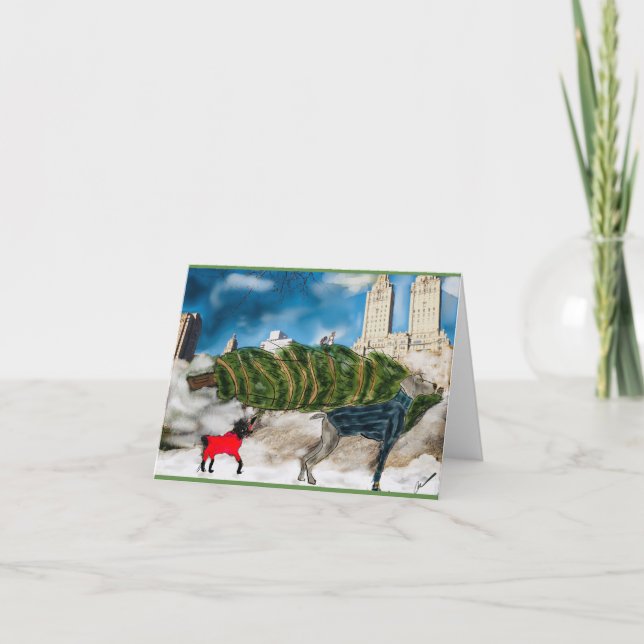 Julhälsningar korthundar får en julgran NY Helgkort (Framsida)