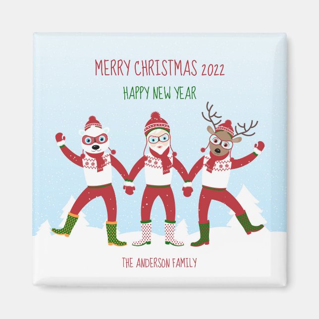 Julhälsningar med Santa och Friends Magnet (Framsidan)