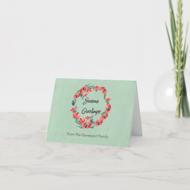 Julhälsningar Röd Blommig Akvarellkrans Helgkort (Framsida)
