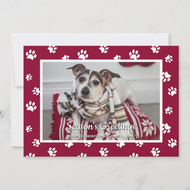 Julhälsningar Röda Vita Tassavtryck Hund Foto Julkort (Framsida)