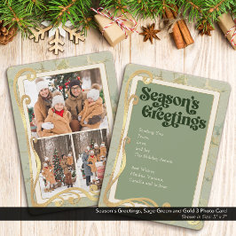 Julhälsningar Sagegrön & Guld 3 Fotokort Julkort