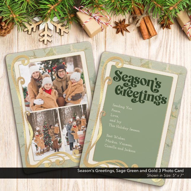 Julhälsningar Sagegrön & Guld 3 Fotokort Julkort (Merry Christmas, Sage Green and Gold Holiday Three (3) Photo Greeting Card)