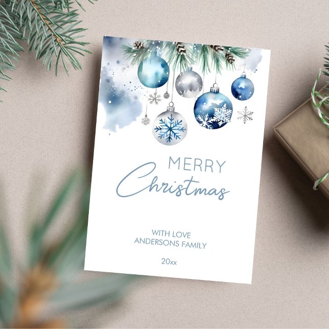 Julhälsningar silver blå baskrar julkort (Merry Christmas template greeting card classical silver blue baubles snowy pines watercolor elegant )
