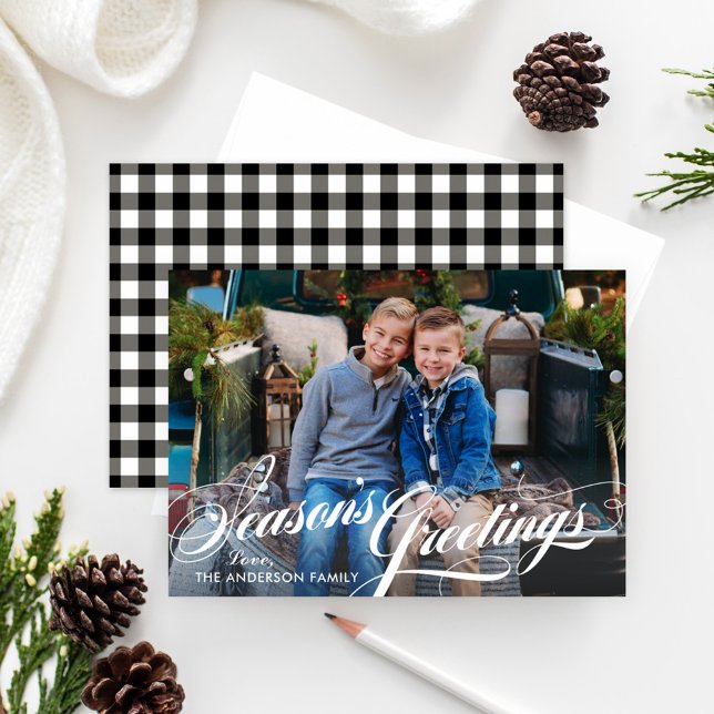 Julhälsningar Skript Foto Svart Buffel Plaid Julkort (Skapare uppladdad)