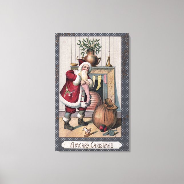 JulhälsningSanta Stuffing Stockings Canvastryck (Framsida)