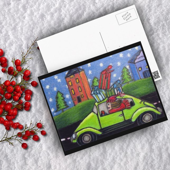 Julhandelspresenter för bil helg vykort (Woman driving car filled with christmas presents on Holiday postcard.)
