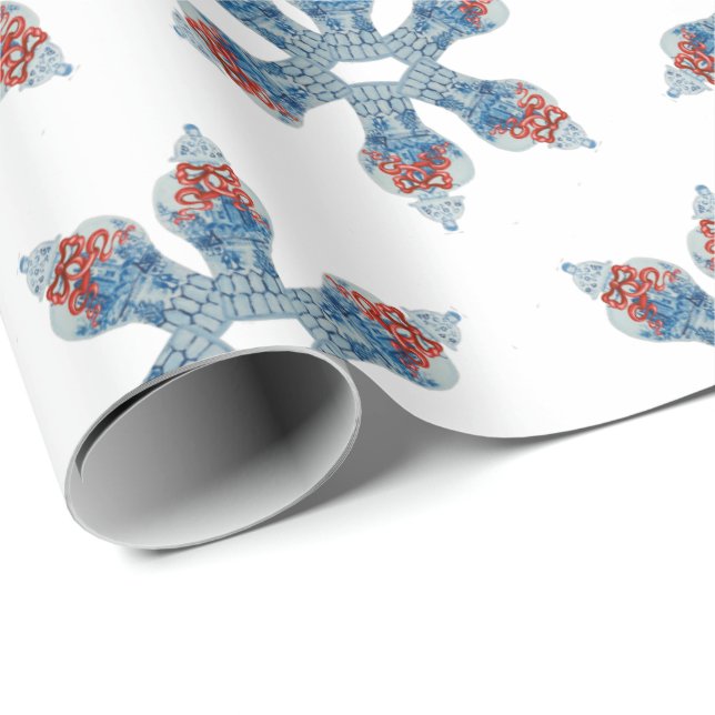 Julhandsmålade blå och vit ingefära Burk Presentpapper (Rullad Hörn)