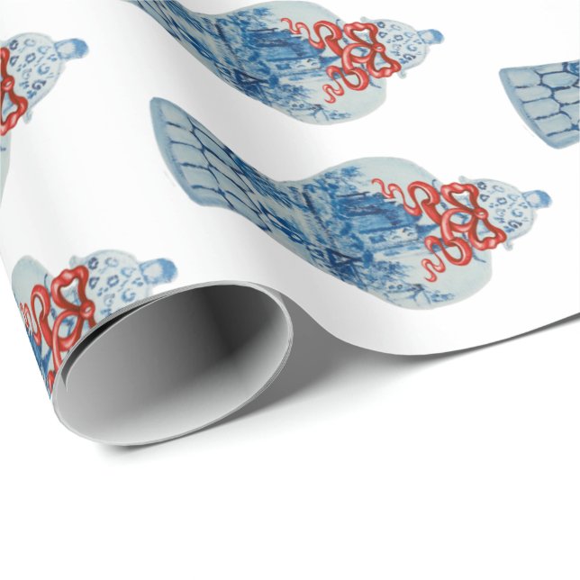 Julhandsmålade blå och vit ingefära Burk Presentpapper (Rullad Hörn)