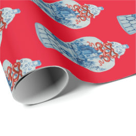 Julhandsmålade blå och vit ingefära Burk Presentpapper