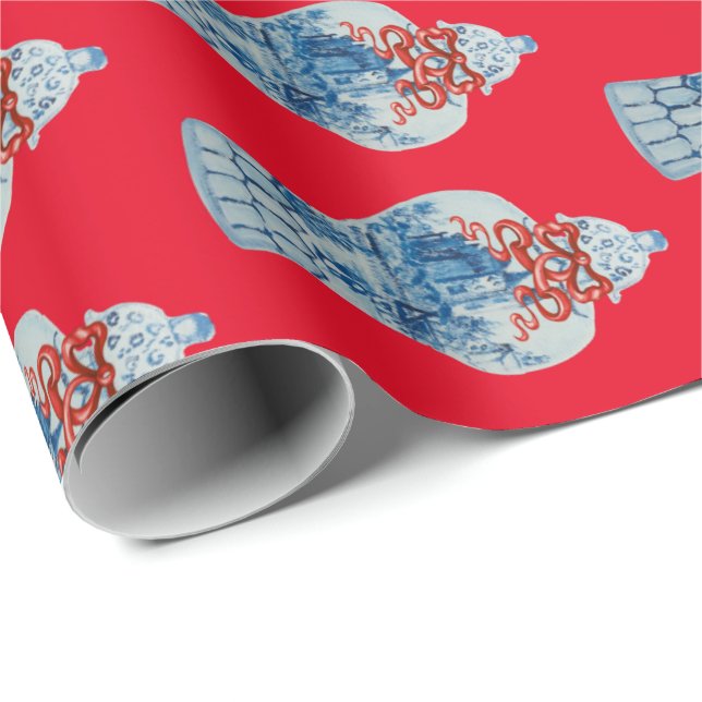 Julhandsmålade blå och vit ingefära Burk Presentpapper (Rullad Hörn)