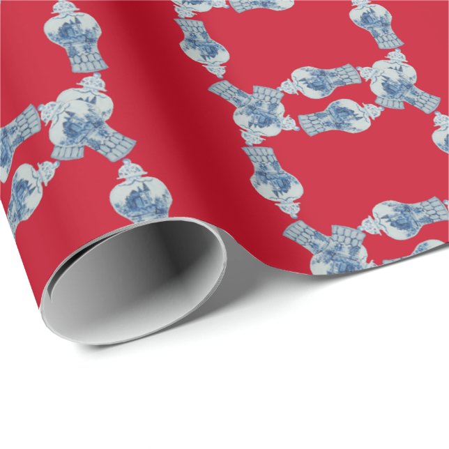 Julhandsmålade blå och vit ingefära Burk Presentpapper (Rullad Hörn)