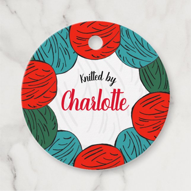 Julhandstickat rödull och grönt bollar gåvor etiketter (Framsida)