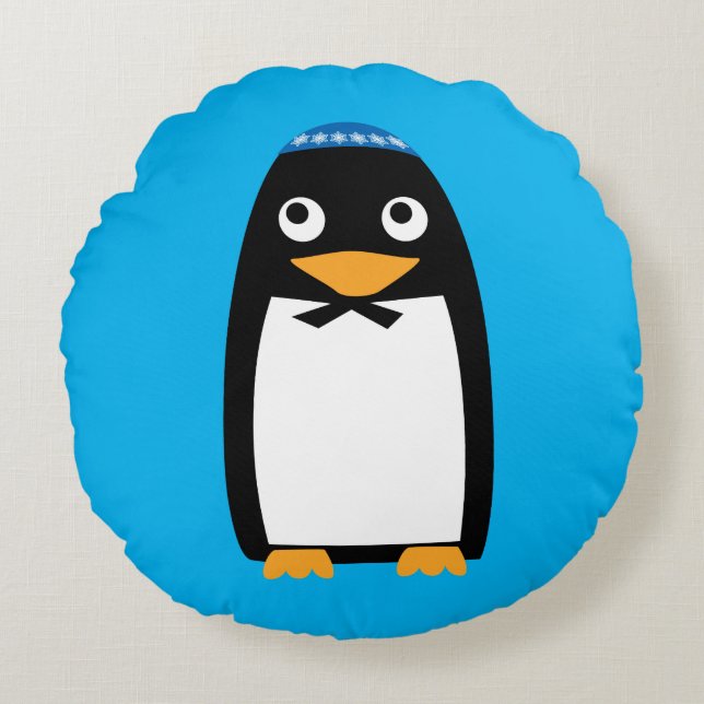 JulHanukkah judisk pingvin Yamulke Rund Kudde (Framsidan)