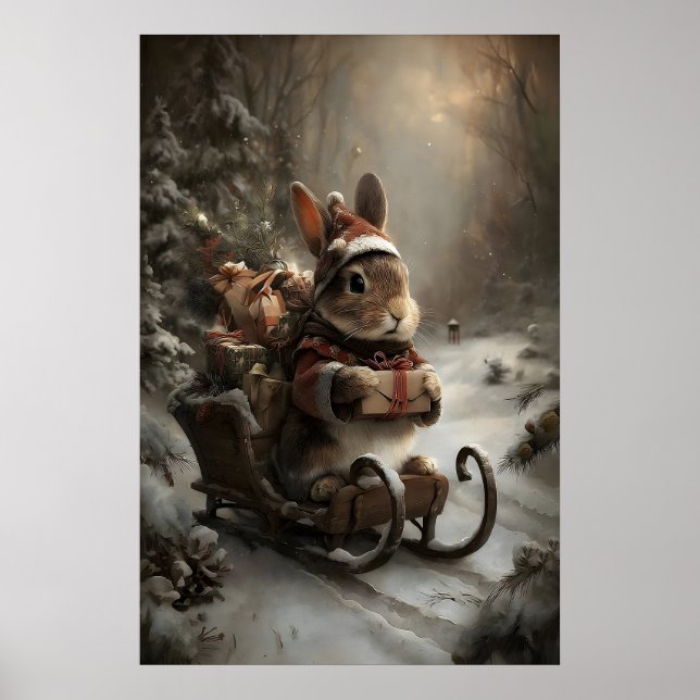 Julharen på släde, mysig vinterdjurskonst poster (Framsidan)