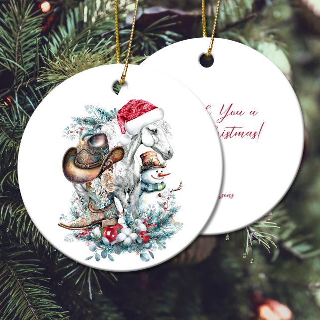 Julhäst i Santa cowboystövlar Julgransprydnad Keramik (Christmas horse in Santa hat cowgirl cowboy boots Ceramic Ornament)