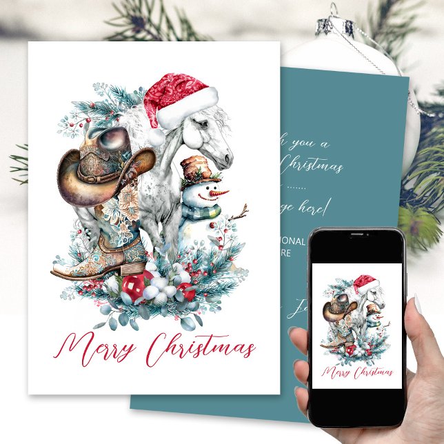 Julhäst i Santa cowboystövlar Julkort (Horse in Santa hat western cowgirl cowboy Christmas card with cowboy hat cowboy boots)