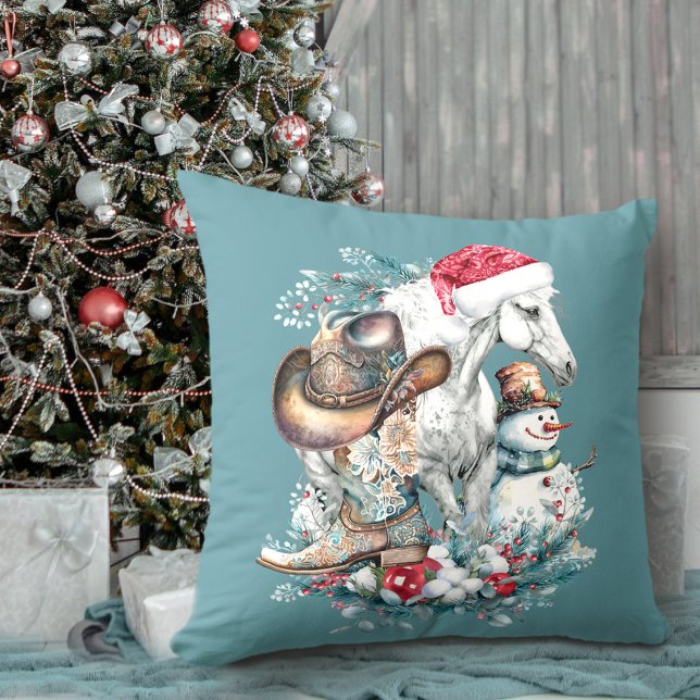 Julhäst i Santa cowboystövlar Kudde (Christmas horse in Santa hat cowgirl cowboy boots Throw Pillow)