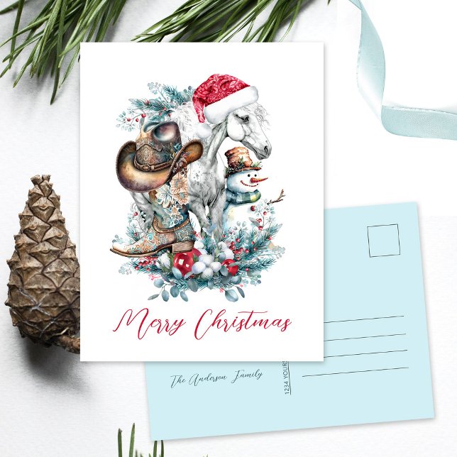 Julhäst i Santa cowboystövlar Vykort (Horse lover Christmas postcard, cowgirl, cowboy boots, cowboy hat, horse in Santa hat)