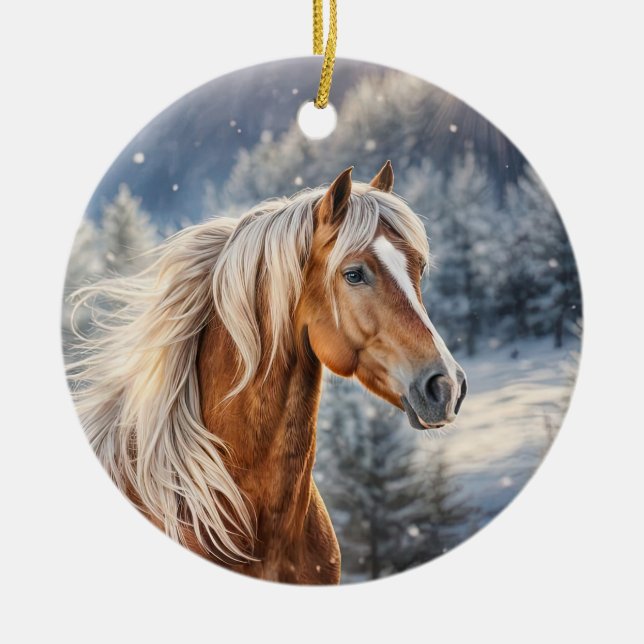 Julhäst i Snö Long Mane Julgransprydnad Keramik (Framsidan)