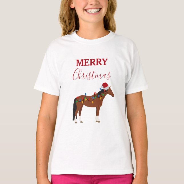 Julhäst Santa Hat Julafton Ljus T Shirt (Framsida)