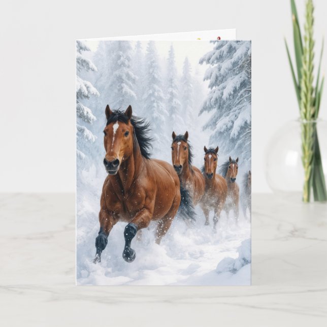 Julhästar springer genom en snöig skog kort (Framsida)
