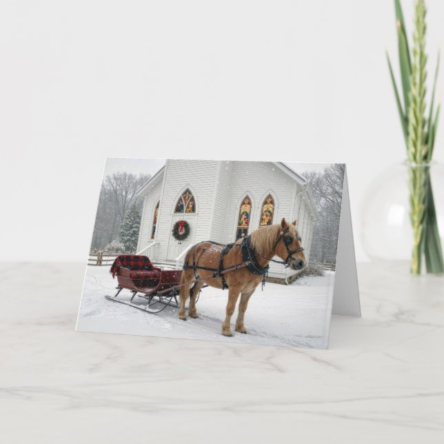 Julhästdragen släde som väntar vid ett kapell kort (Framsida)