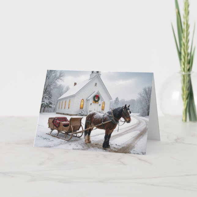 Julhästdragen släde som väntar vid ett kapell kort (Framsida)