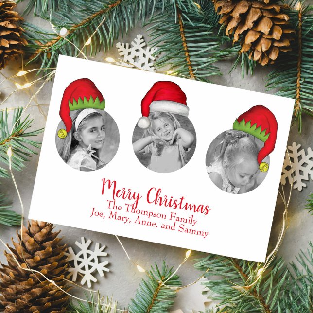 Julhatt Barn Fotokollage God Jul Kort (Three photo Christmas card with Santa hats and playful holiday greeting.)
