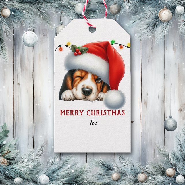 Julhatt blinkande Basset Hound-valp jul Presentetikett (Skapare uppladdad)