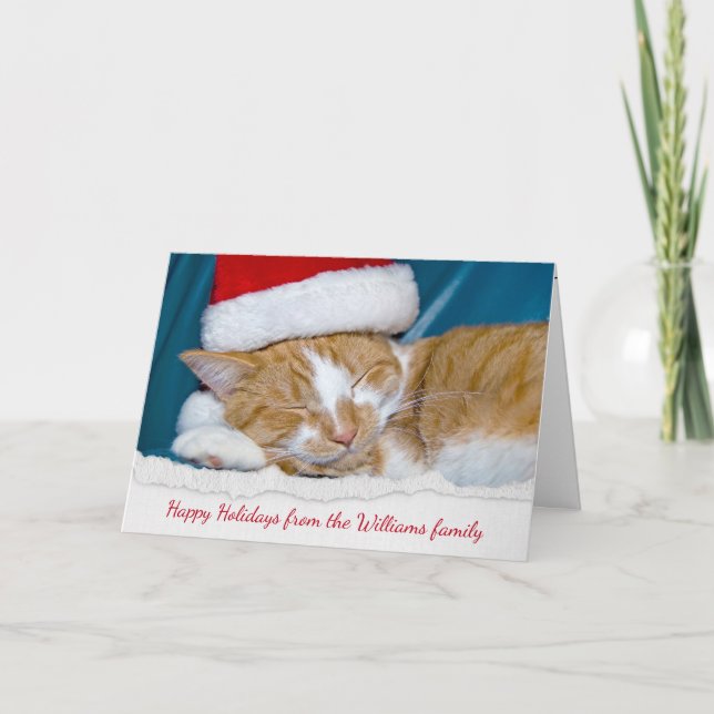 Julhatt på tabby katt helgkort (Framsida)