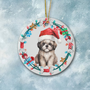 Julhatt Shih Tzu-valp Benyrsmycke Julgransprydnad Keramik