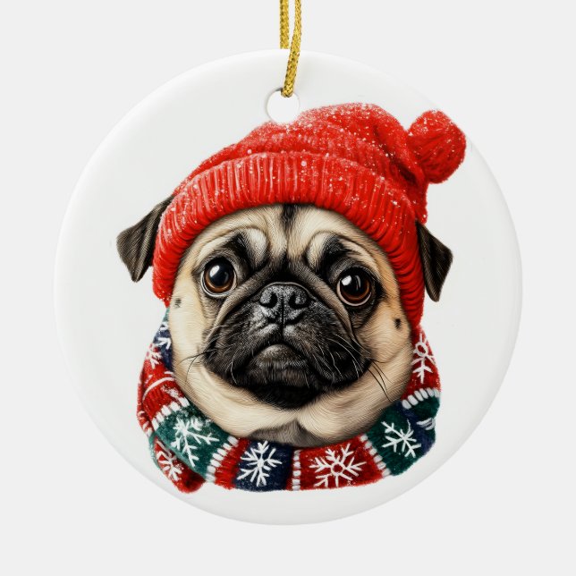 Julhatt söt pug julgransprydnad keramik (Framsidan)