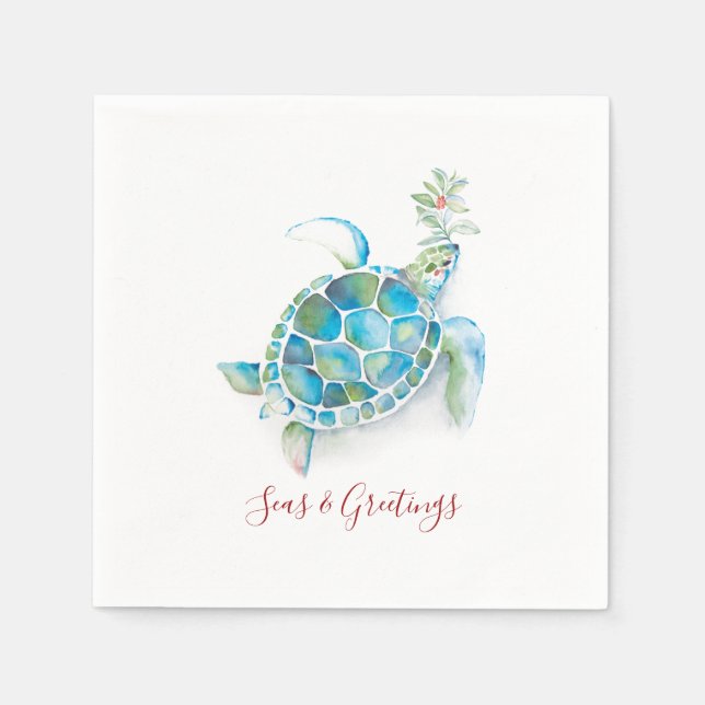 Julhavsköldpadda, vattenfärgen Seas och Hälsning Pappersservett (Framsidan)
