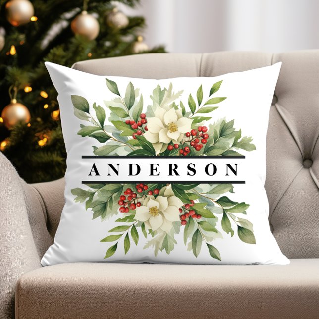 Julhelg för botaniska blommor kudde (personalized christmas throw pillow with winter floral design for traditional holiday decor)