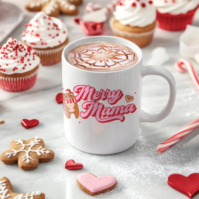 Julhelg för Mamma med spets för kute Kaffemugg (Red & Pink Merry Mama Bear Cute Holiday Mug)