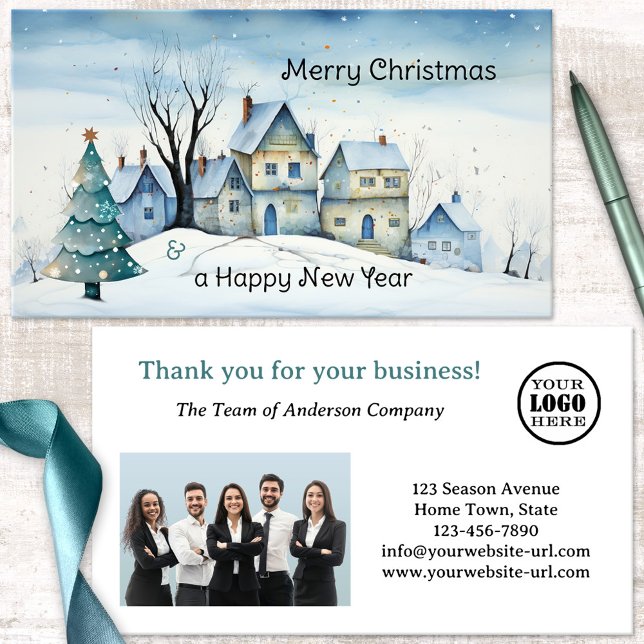 Julhelg Foto Tack Visitkort (Business card featuring a whimsical design of a winter landscape with Christmas tree - logo - photo)