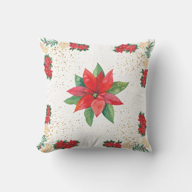 Julhelg Röd Poinsettia och Guld Kudde (Framsida)