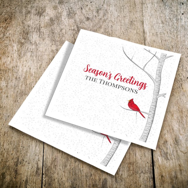 Julhelg:s rödkardinalfågel Träd Pappersservett (Holiday red cardinal and birch tree holiday party paper napkin. )