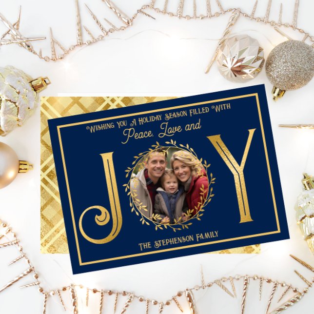 Julhelg som önskar er fred Kärlek och glädje Julkort ("Wishing You A Season ... Peace Love and Joy" Faux Foil Photo Blue Christmas Holiday Flat Card )