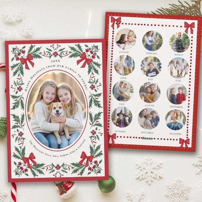 Julhelg Whimsical Botanisk Konst Foto Julkort (hand painted christmas card whimsical watercolor greenery red bows frame year in review photo)
