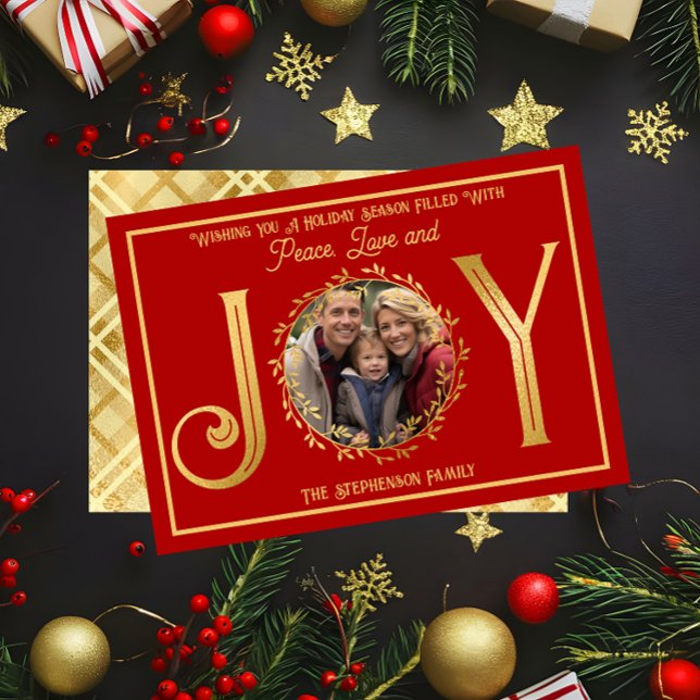 Julhelg WIshing You Peace Kärlek and Joy Julkort ("Wishing You A Season ... Peace Love and Joy" Faux Foil Photo Red Christmas Holiday Flat Card )