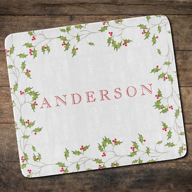 Julhelgad julgran skärbräda (Christmas red holly and greenery cutting board. )