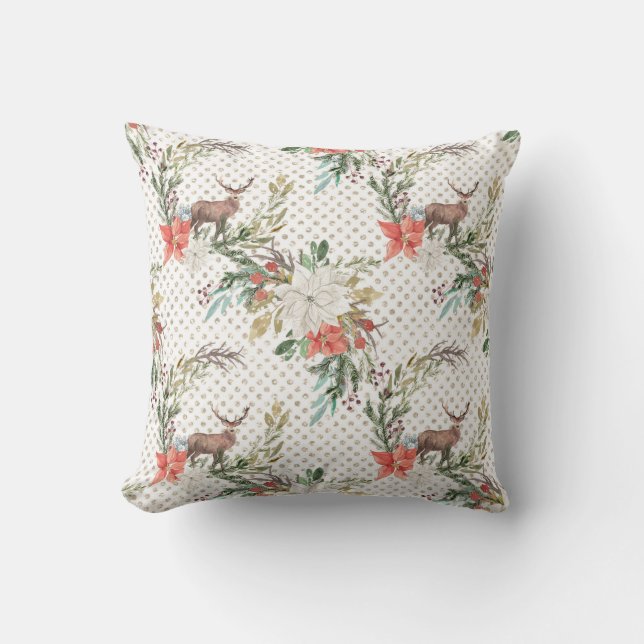 Julhelgdag - vattenfärghjort & Pointsettia2 Kudde (Framsida)