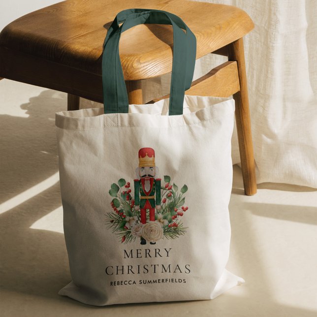 JulHelgdagar Nutcracker-Anpassningsbar Tygkasse (Christmas Nutcracker Greenery Red Berries Green Handles Tote Bag)