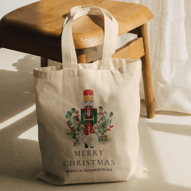JulHelgdagar Nutcracker Festive Personlig Tygkasse (Christmas Nutcracker Greenery Red Berries Tote Bag)