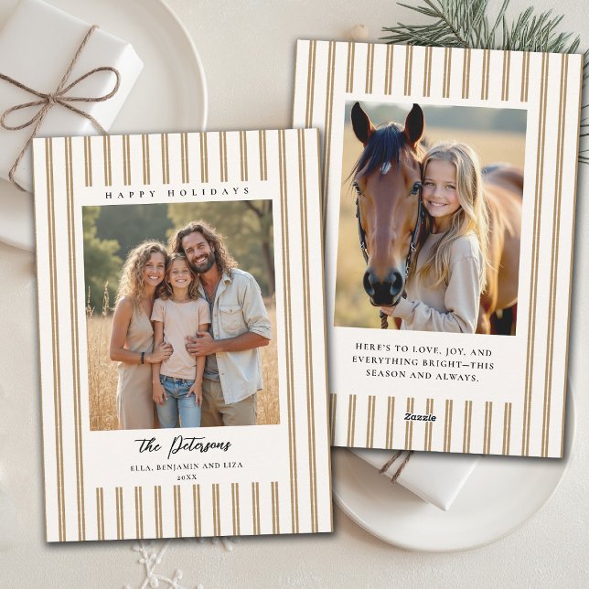 Julhelger Taupe Ränder Jordnära 2-Foto Julkort (family christmas photo card tan brown stripes modern minimalist contemporary earthy organic)