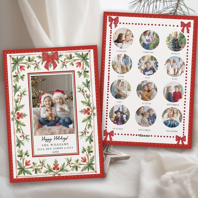 Julhelgssnurrig band Botanisk Foto Julkort (hand painted christmas card whimsical watercolor greenery red bow year in review photo)